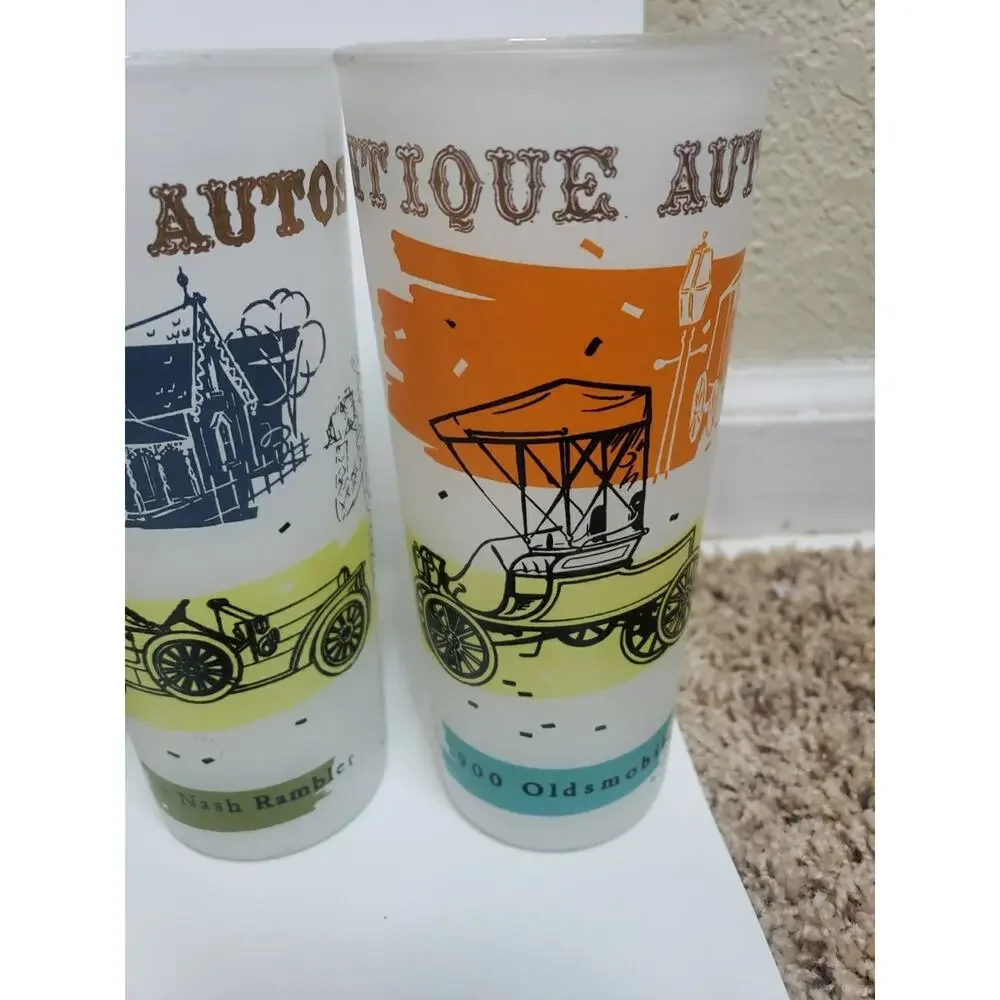LOT OF 11 Autos cars Frosted Glasses Tumblers Vintage Highball MCM 60s Packard